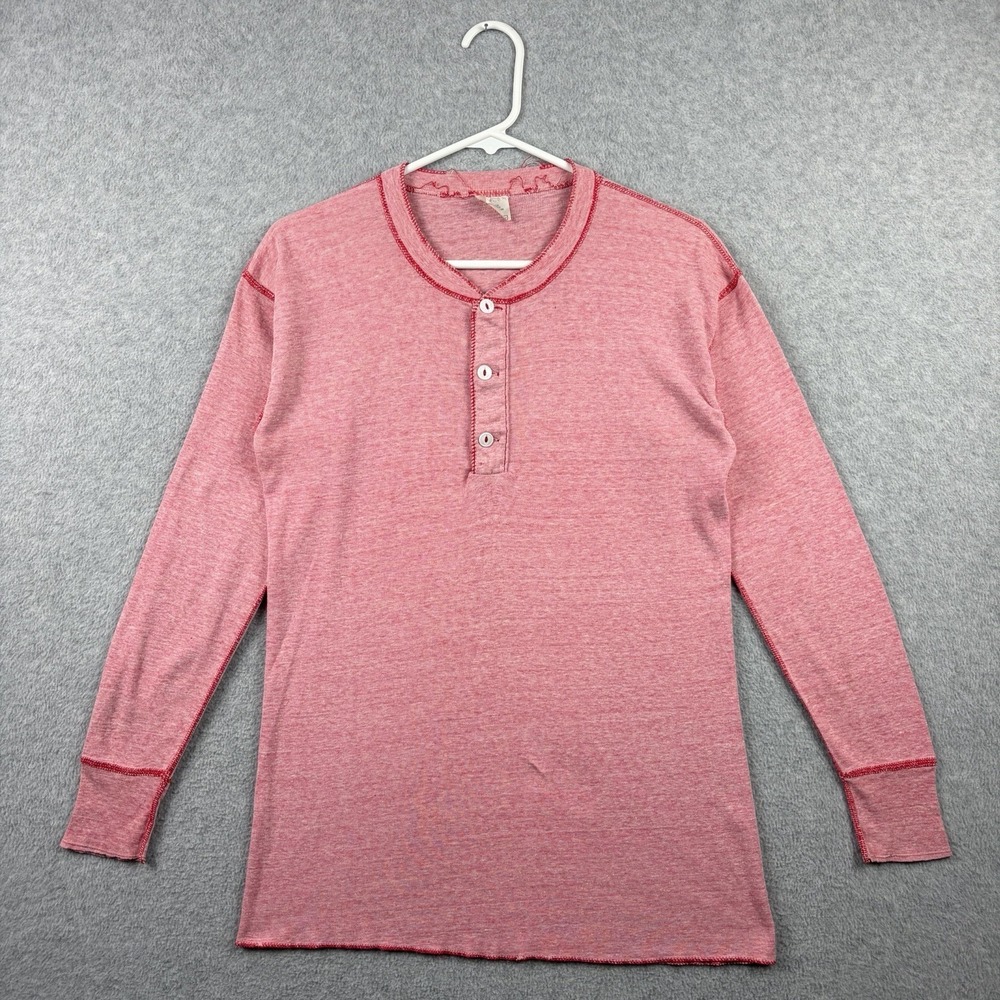 Vintage 70s Sears Henley‎ Shirt Mens Large (18x28) Pink Thermal Long Sleeve Base